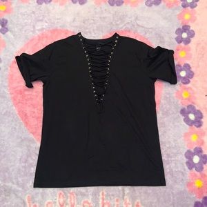Forever 21 deep V long lace up chest tee shirt